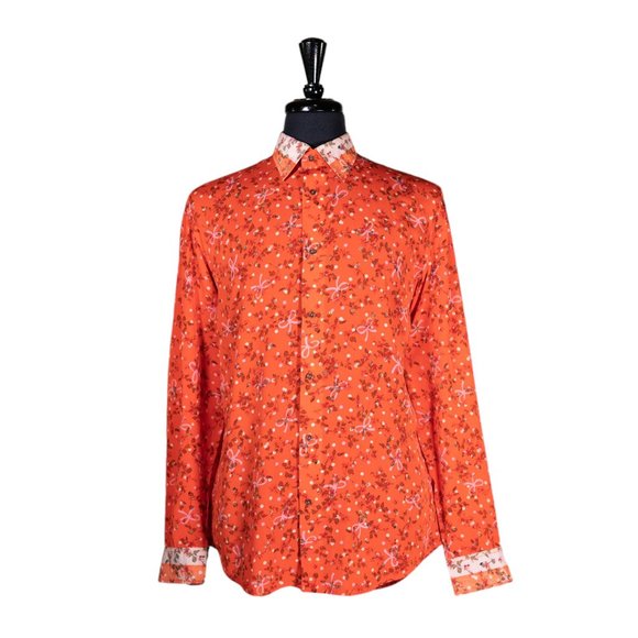 Mens Shirt Button Up Orange Floral Casual Summer Tropical Hawaiian Beach Large - Picture 1 of 7